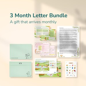 May include: A 3 Month Letter Bundle set featuring printed letters, illustrated activity cards, and light green envelopes with small animal graphics. The text reads 3 Month Letter Bundle, A gift that arrives monthly, and Tilly's Letters.