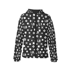 LauBelle Kollektion, Schwarze Steppjacke mit Monogramm | Geometrischer Kapuzenmantel | Streetwear aus Polyester
