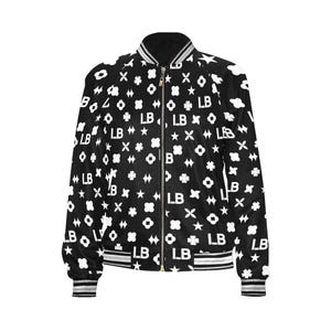 LauBelle - Chaqueta bomber con estampado de monograma para mujer - Abrigo ligero informal con cremallera completa - Negro/Blanco