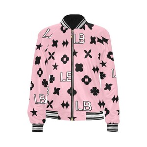 LauBelle - Womens Monogram Print Bomber Jacket - Full-Zip Lightweight Casual Coat - Pink/Black