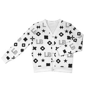 LauBelle Collection, Monogram Print Cardigan - White Black V-Neck, Button Down | Soft Touch Blend