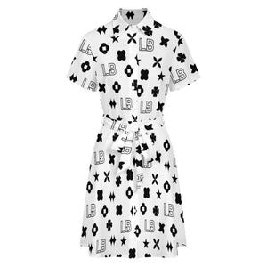 LauBelle Collection Monogram Shirt Dress, Collared Button-Down | White Black | Four-Way Stretch
