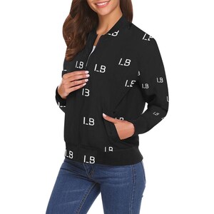 LauBelle - Womens Initial Print Bomber Jacket - Zip-Up Coat - Black/White