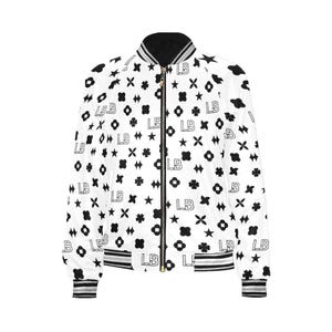 LauBelle - Womens Monogram Print Bomber Jacket - Full-Zip Lightweight Casual Coat - White/Black