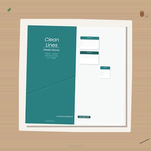 Può includere: Un'agenda settimanale digitale con un design verde acqua e bianco. L'agenda presenta il testo "Clean Lines Weekly Planner" e include sezioni per la pianificazione e il monitoraggio. Il design è minimalista, con uno sfondo a griglia.
