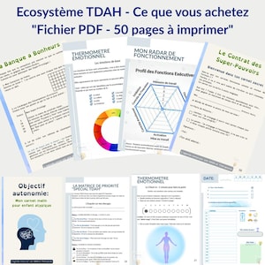 Op de afbeelding: Een verzameling afdrukbare PDF-pagina's met de titel "Ecosystème TDAH" en de tekst "Fichier PDF - 50 pages à imprimer." De pagina's bevatten grafieken, diagrammen en checklists voor ADHD-beheer, waaronder een "Emotionele Thermometer".