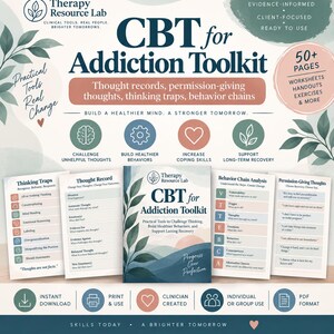Puede incluir: Un kit de herramientas de TCC para adicciones con más de 50 páginas de hojas de trabajo, folletos y ejercicios. Incluye secciones sobre trampas de pensamiento, registros de pensamientos y análisis de cadenas de conducta en tonos verde salvia, azul marino y rosa.