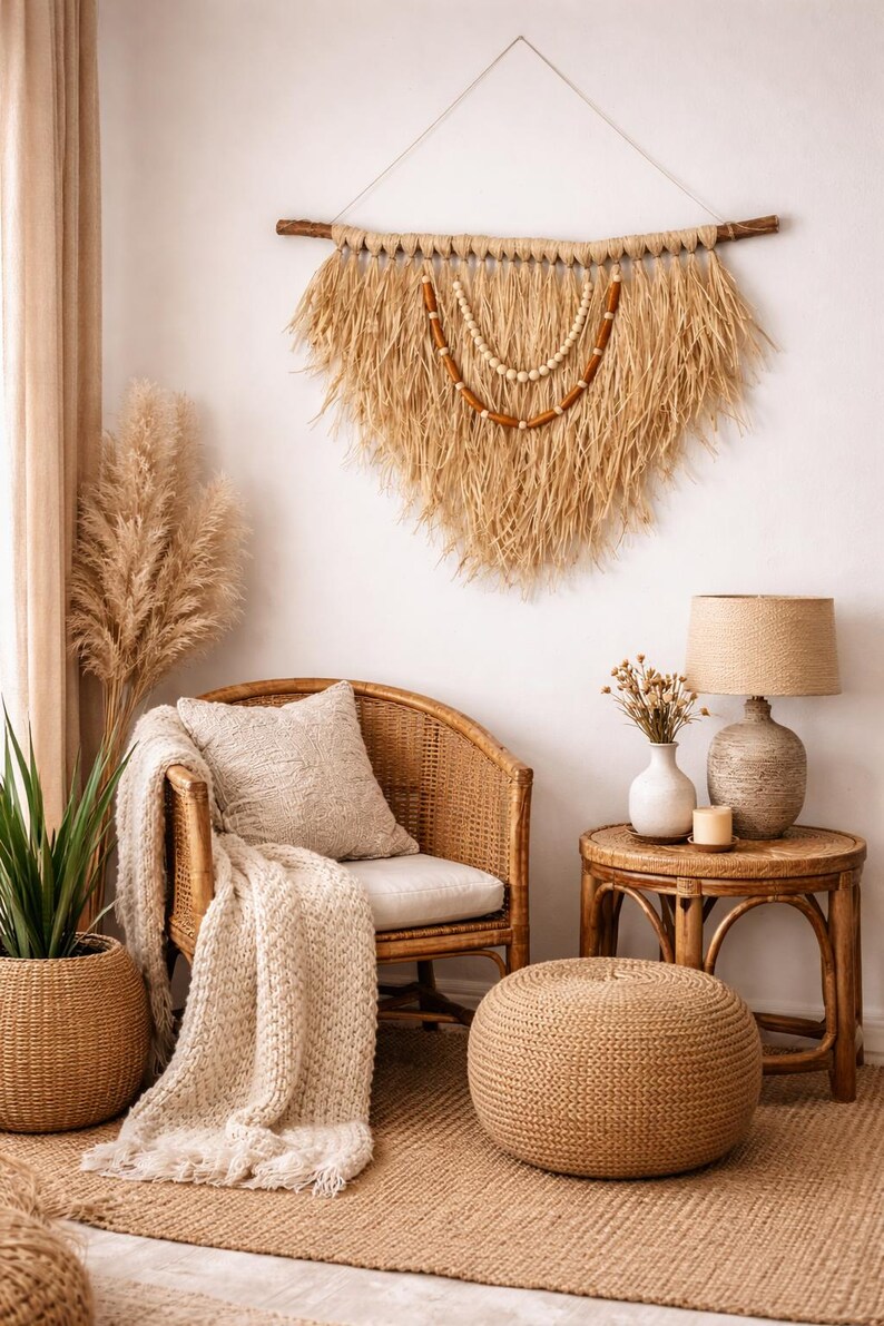 K&ouml;nnte beinhalten: Gem&uuml;tliches Wohnzimmer mit einem Rattanstuhl, einer Strickdecke und einem Wandbehang aus Naturfasern. Ein kleiner Beistelltisch mit Lampe und Vase. Der Raum ist in neutralen Farben gehalten.