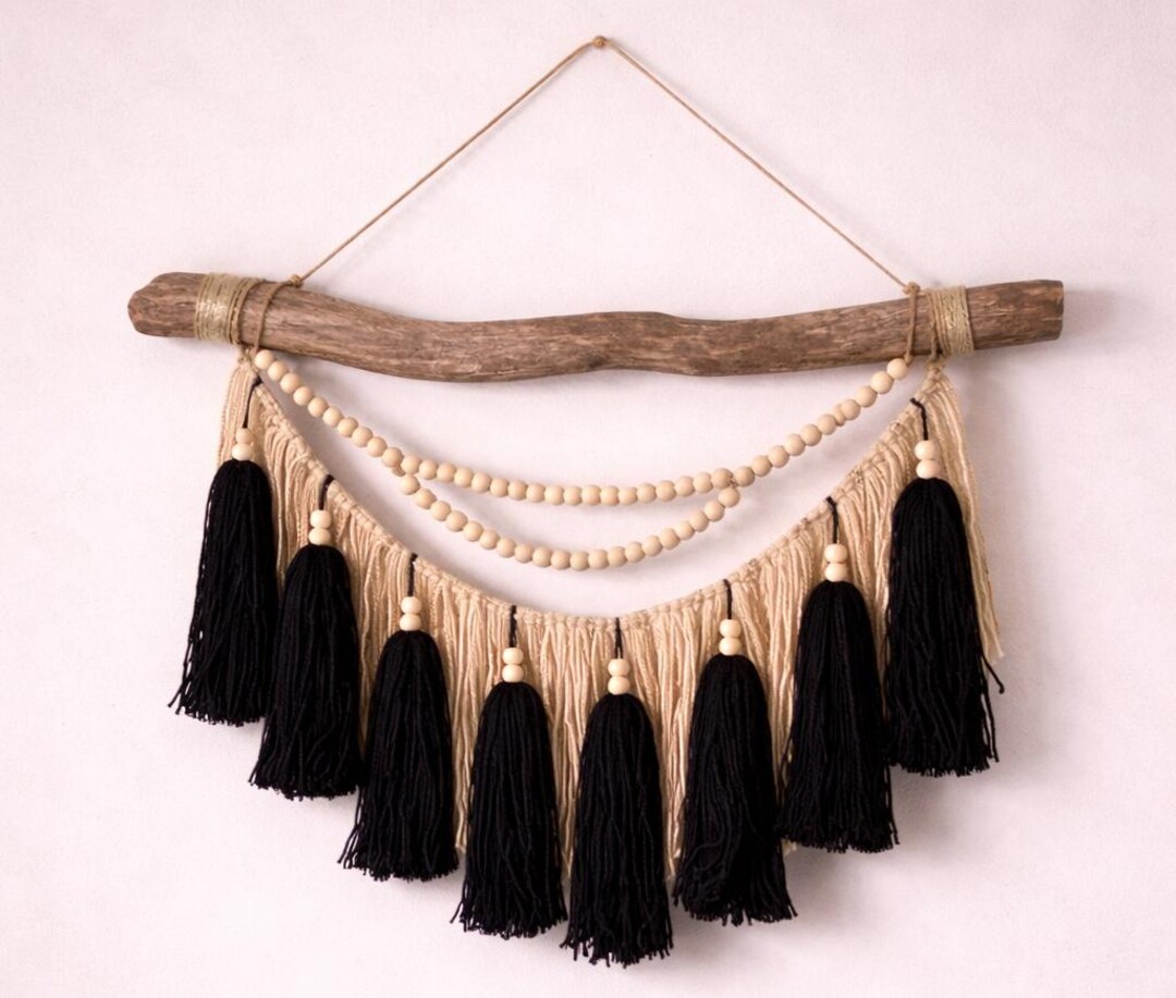 Boho Macrame Wall Hanging With Tassels & Wooden Beads, Handmade ...