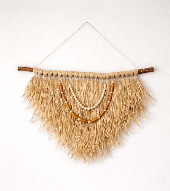 Boho Raffia Wall Hanging Decor, Natural Fiber Macrame Wall Art, Bohemian Dreamcatcher Style Wall Decor, Handmade Fringe Wall Hanging,