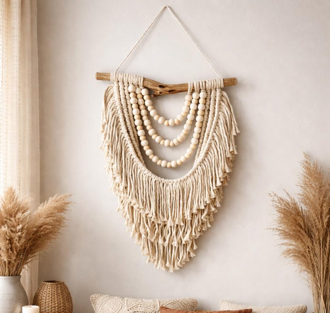Boho Macrame Wall Hanging With Wooden Beads, Large Bohemian Wall Decor ...