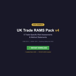 Könnte beinhalten: Dunkelblaue Grafik mit Text, der "6-IN-1 BUNDLE" und "UK Trade RAMS Pack v4" lautet. Der Text enthält auch "6 Trade-Specific Risk Assessments & Method Statements" und "INSTANT DOWNLOAD".