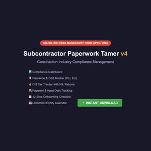 May include: A dark blue graphic with the text "CIS NIL RETURNS MANDATORY FROM APRIL 2026" in a red banner. The text "Subcontractor Paperwork Tamer v4" is in white, with a green "INSTANT DOWNLOAD" button.