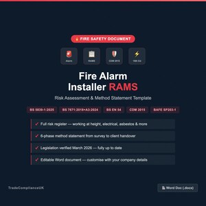 Könnte beinhalten: Dunkelblaues Dokument mit dem Titel "Fire Alarm Installer RAMS" mit roten Akzenten. Das Dokument enthält Informationen zu Risikobewertung, Methoden und Gesetzgebung, mit einer Word Doc (.docx) Download-Option.