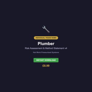 May include: A dark blue graphic with a wrench icon, the text "Plumber" and "Risk Assessment & Method Statement v4". The text "Hot Work Pressurised Systems" and "INSTANT DOWNLOAD" are also visible.