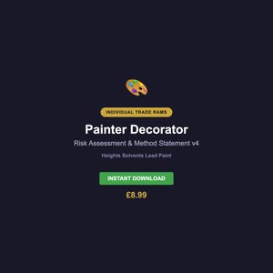Könnte beinhalten: Dunkelblaue Grafik mit Text für eine Risikobeurteilung und Methodenerklärung für Maler und Dekorateure. Das Bild enthält ein Farbpinsel-Symbol, den Text "INSTANT DOWNLOAD" und den Preis.