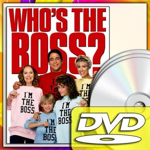May include: A DVD cover for the television show Who's the Boss? featuring a group of four people wearing sweatshirts with the text I'M THE BOSS printed in black. The title is displayed in large red letters at the top, and a silver disc is visible.
