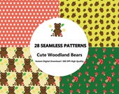 Woodland Nursery Seamless Pattern Bundle, Bear Mushroom Kids Fabric Design, Cute Baby Pattern Set, Digital Download