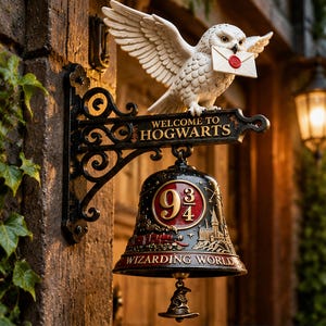 May include: A wall-mounted black metal bell featuring a white owl holding an envelope with a red seal. The sign reads WELCOME TO HOGWARTS. The bell displays the number 9 3/4, a red train, a castle silhouette, and the text WIZARDING WORLD.