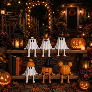 Light-Up Halloween Ghost Figurines with Pumpkin and Witch Hat, Spooky Table Decor