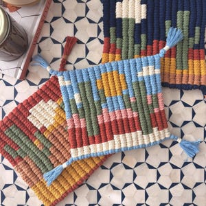 Blue Sky Cactus - Handmade Macrame Trivet, Desert Cactus Landscape, Western Fiber Art, Boho Kitchen Decor