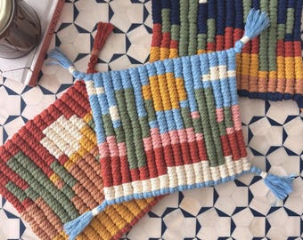 Blue Sky Cactus - Handmade Macrame Trivet, Desert Cactus Landscape, Western Fiber Art, Boho Kitchen Decor