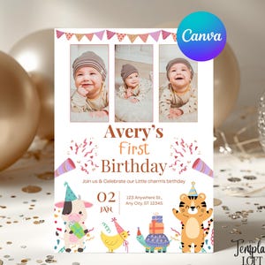 Può includere: Un invito per il primo compleanno con tre foto del bambino. L'invito recita "Avery's First Birthday" con coriandoli e animali dei cartoni animati. La data è il 2 gennaio. Sono visibili anche i loghi Canva e Template Loft.