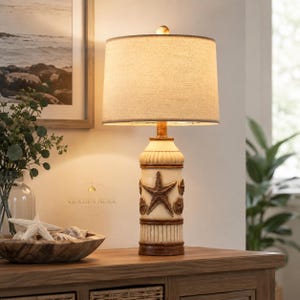 Coastal Starfish Resin Table Lamp, Boho Nautical Beach House Decor