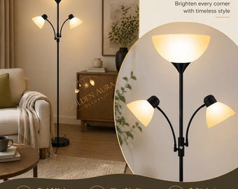 Modern Black Metal Torchiere Floor Lamp with Reading Lights