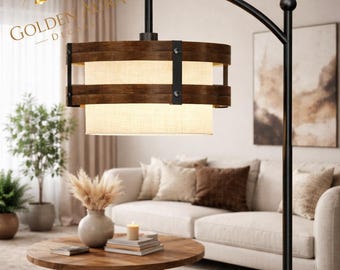 Industrial Arc Floor Lamp with Wood Shade – Rustic Modern Farmhouse Living Room Light