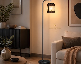 Industrial Wood Metal Floor Lamp, Rustic Farmhouse Standing Light for Living Room
