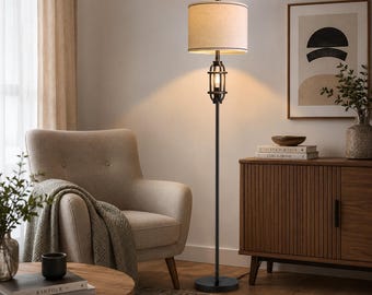 Industrial Black Floor Lamp, Linen Shade, Mid Century Modern Standing Light