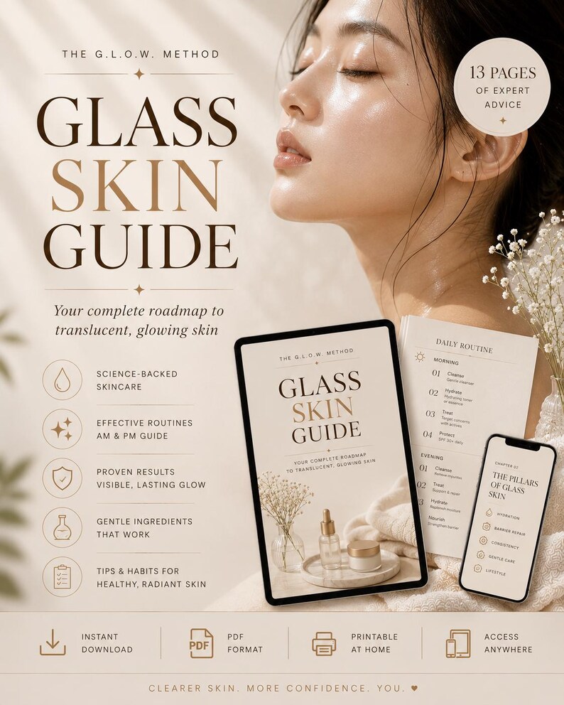 May include: A digital guide titled "Glass Skin Guide" with the text "Your complete roadmap to translucent, glowing skin." The image includes a tablet, phone, and printed pages with skincare information. The background features a woman with radiant skin.