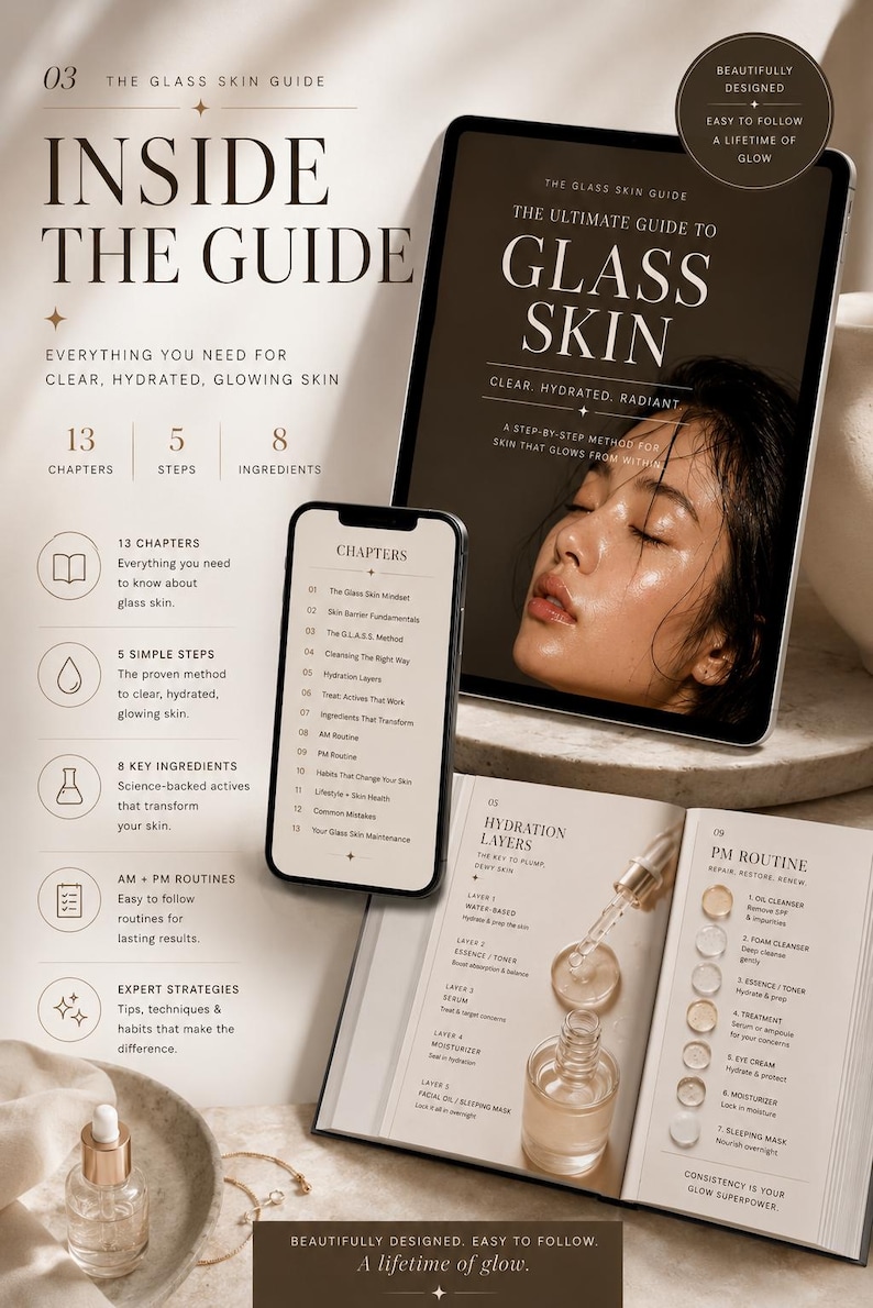 May include: An open book, tablet, and smartphone display the guide "Glass Skin" with text and diagrams about skincare. The image includes a serum bottle and jewelry, with the text "Everything you need for clear, hydrated, glowing skin."