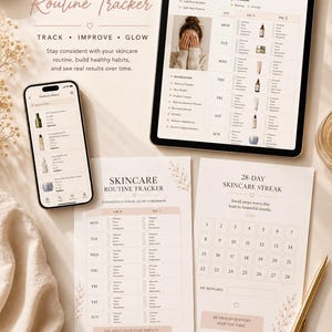 May include: A digital skincare routine planner displayed on a tablet and smartphone, alongside two printed sheets titled Skincare Routine Tracker and 28-Day Skincare Streak. The documents feature checklists for AM and PM routines, a 28-day calendar, and icons.