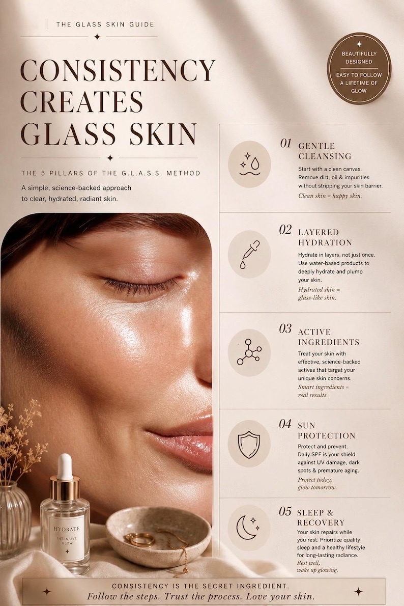 May include: An informational graphic titled "The Glass Skin Guide" with the text "Consistency Creates Glass Skin." It details the G.L.A.S.S. method: Gentle Cleansing, Layered Hydration, Active Ingredients, Sun Protection, and Sleep & Recovery.