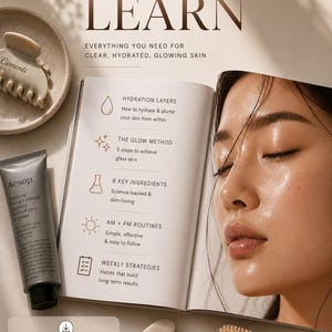 May include: An open book with the title "WHAT YOU'LL LEARN" next to a woman's face. The book's content includes skincare tips. Beside the book are skincare tools, including a face brush, a gua sha, and a tube of Aesop facial exfoliant.