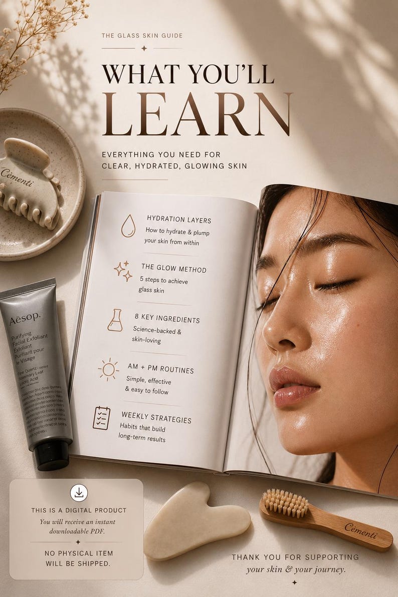 May include: An open book with the title "WHAT YOU'LL LEARN" next to a woman's face. The book's content includes skincare tips. Beside the book are skincare tools, including a face brush, a gua sha, and a tube of Aesop facial exfoliant.