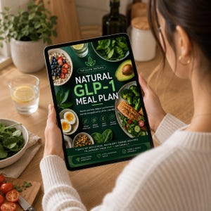 May include: A digital tablet displaying a meal plan guide titled Natural GLP-1 Meal Plan. The screen features a dark green background with images of healthy foods including berries, eggs, avocado, salmon, and greens, along with text.