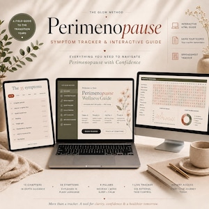 Peut inclure: Un guide interactif et un suivi des symptômes de la périménopause numérique affichés sur un ordinateur portable, une tablette et un écran d'ordinateur. Les écrans présentent des outils de planification, des listes de symptômes et des graphiques.