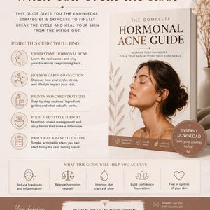 Guía para el acné hormonal / Dieta y factores desencadenantes del acné hormonal / Guía de cuidado de la piel en PDF / Descarga digital para una piel radiante