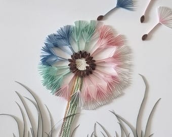 Cuadro original de diente de león en filigrana de papel, decoración floral enmarcada.