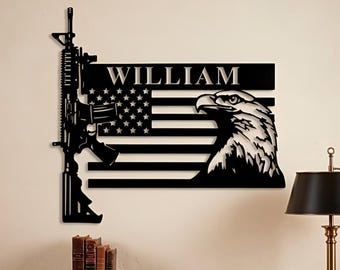 Arte personalizada em metal com rifle AR, placa de parede personalizada com águia e bandeira americana, decoração tática para sala de armas, presente patriótico em defesa da Segunda Emenda.