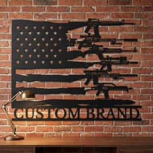 Personlig amerikansk flagga med vapenmetallkonst, anpassad veteranpensionsgåva, garageväggdekoration för andra tillägget, hardcore patriotisk skylt