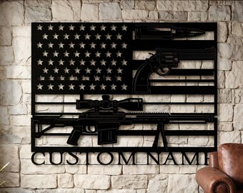 Custom Gun Room Accessories, Patriotic American Flag Metal Wall Art, Hunting Decor for Men Cave, Personalized Gifts for Hunter