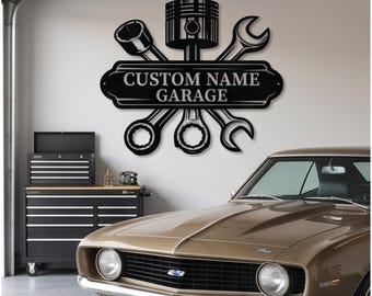 Piston and Wrench Metal Sign, Custom Garage Workshop Wall Art, Mechanic Auto Shop Plaque, Gift for Car Lovers