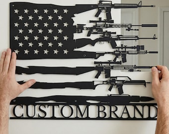 Personalized American Flag Gun Metal Sign, Custom Name Tactical Rifle Wall Art, Unique Gift for Firearm Enthusiasts
