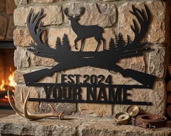 Arte metálico personalizado para la caza del venado, decoración de cabaña con astas de venado personalizadas, letrero rústico con el nombre del cazador, regalo único para el Día del Padre.