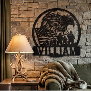 Soldier Veteran Memorial Plaque, Custom Eagle Military Metal Sign, Personalized American Flag Wall Art, Unique Gift for Him, Rustic Decor