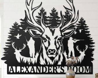 Letrero metálico personalizado de ciervo, decoración de caza para cabaña, regalo personalizado para el Día del Padre, arte de pared de ciervo, letrero con nombre para cueva de hombre, decoración de bosque para habitación infantil